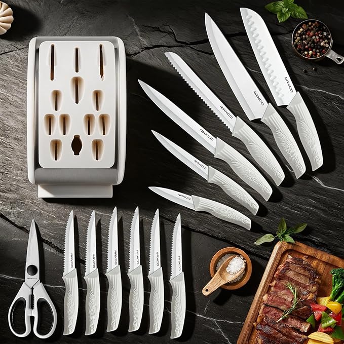 RAXCO Knife Set with Block,12-Piece Stainless Steel Kitchen Knives for Professional Cutting,White