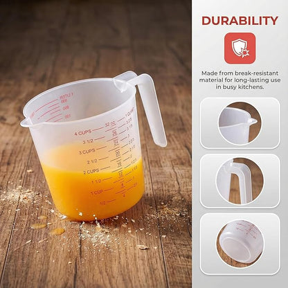 16 Pcs 4 Cup Capacity Plastic Measuring Cup, 32 Oz/1000 ml Clear Graduated Measuring Cups Plastic Mug with Spout and Handles Ounce and Ml Cup Marking for Recipe Ingredient, Flour, Water, Liquid