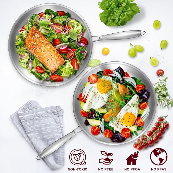 EWFEN 12 Inch Tri-Ply Stainless Steel Frying Pan, Compatible with All Cooktops Up to 600℉, Large Frying Pan Induction-Ready Skillet, Dishwasher and Oven Safe, Even Heat - Image 6