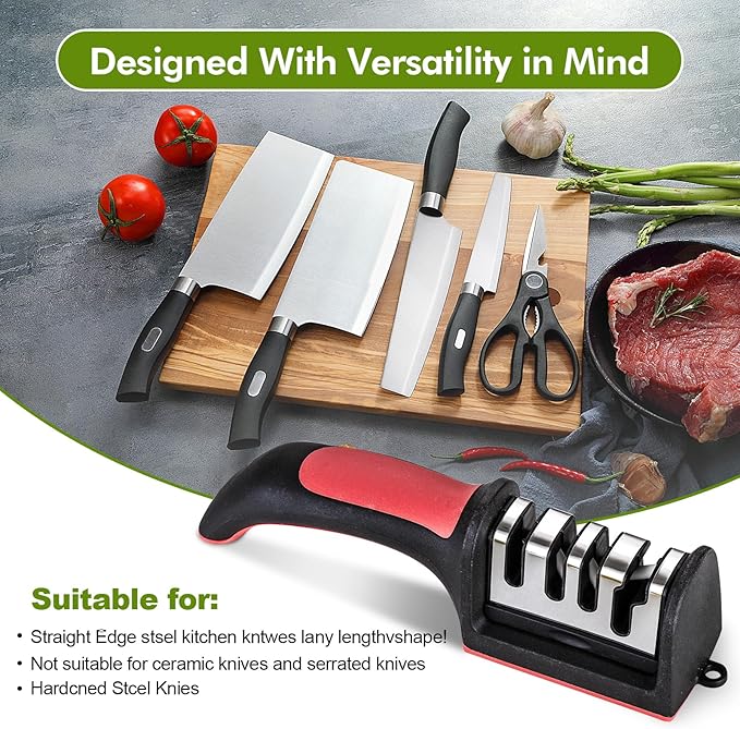 Professional 4-in-1 Knife Sharpener with Tungsten Steel & Ceramic Slots, Manual Sharpener for Chef Knives, Scissors & Straight Edge Blades - Home Kitchen Tool - Image 7