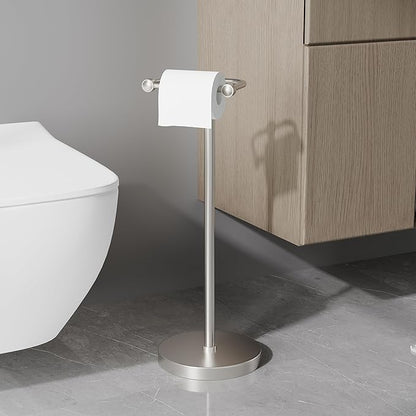 RARXTR Toilet Paper Holder Stand, Post Pivoting Design Free Standing Toilet Paper Holder, SUS304 Stainless Steel Toilet Paper Roll Holder, Heavy Stable Base (Brushed Nickel)