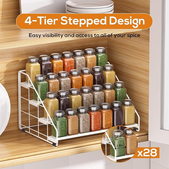 Spice Rack Organizer for Cabinet, 4 Tiered Spice Rack Organizer, Tiered Adjustable Spice Shelf for Kitchen (White-2Pcs) - Image 5