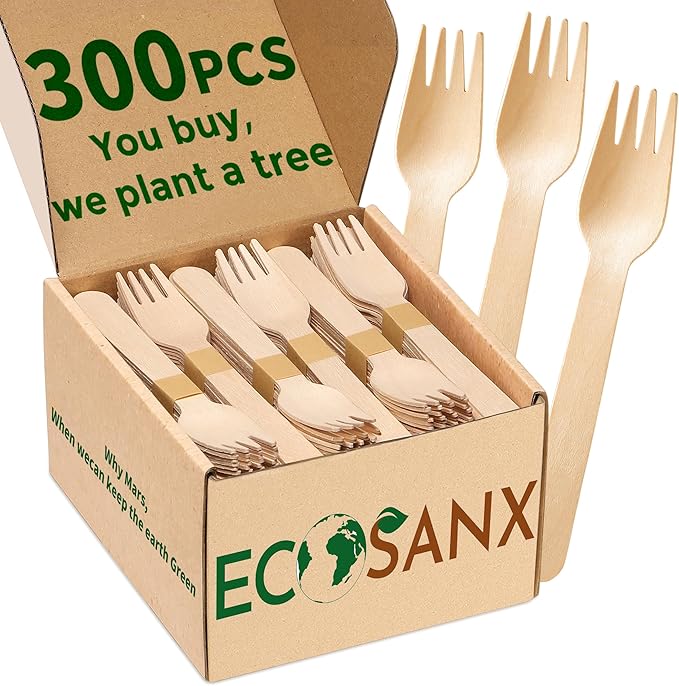 ECOSANX® 300 PCs Wooden forks for eating 6.5" Splinter Free Compostable Forks, Eco-Friendly Wooden Cutlery for Party & Outdoor, Disposable forks for Camping, Events & More by ECOSANX
