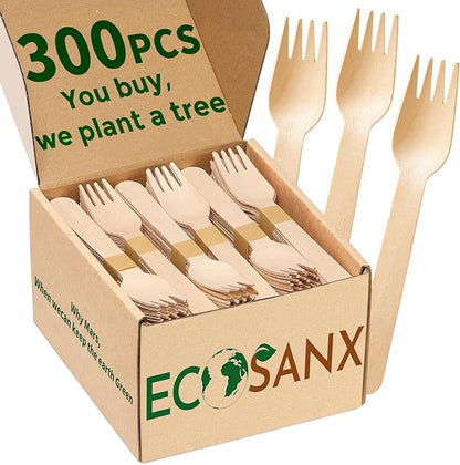 ECOSANX® 300 PCs Wooden forks for eating 6.5" Splinter Free Compostable Forks, Eco-Friendly Wooden Cutlery for Party & Outdoor, Disposable forks for Camping, Events & More by ECOSANX