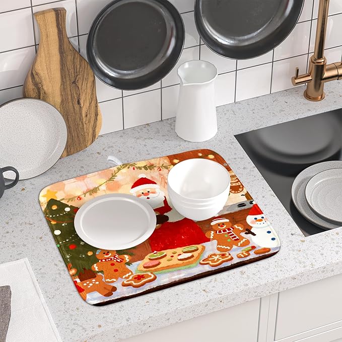 Christmas Dish Drying Mat for Kitchen Counter 16x18 Santa Claus Gingerbread Winter Xmas Holiday Themed Absorbent Reversible Microfiber Drying Mats Kitchen Countertop Protector Dishes Drainer Rack Pad - Image 6