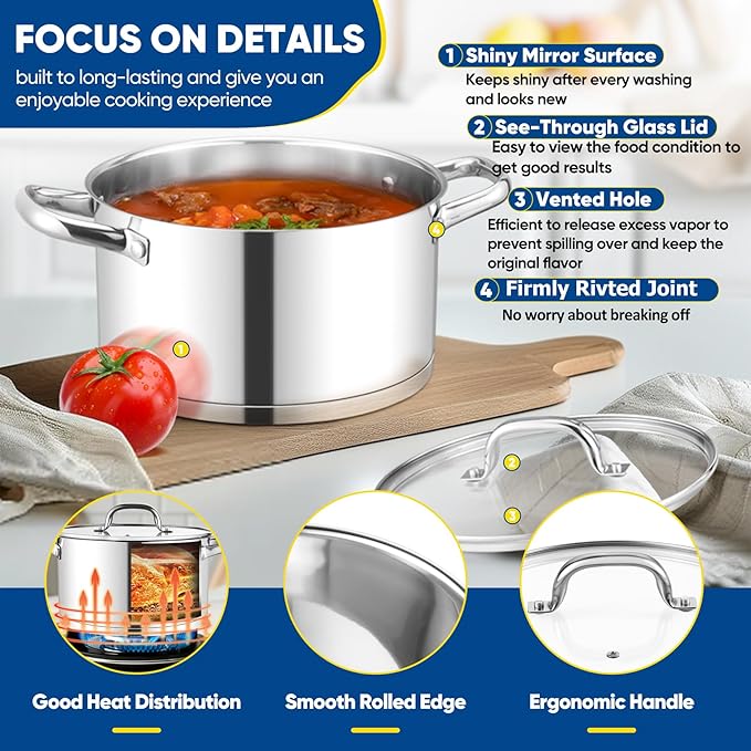 TeamFar 5 QT Stock Pot, Tri-ply Bottom Stainless Steel Stockpot Cooking Soup Pasta Pot with Lid for Gas/Induction/Electric Stoves, Non-toxic & Heavy Duty, Double Handles & Dishwasher Safe - Image 5