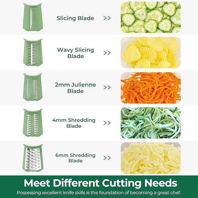 SUSTEAS Rotary Cheese Grater with Handle - Vegetable Shredder with 5 Well-designed Blades & Strong Suction Base,Round Mandoline Slicer & Food Chopper for Kitchen,with Blade Storage Box(Retro Green) - Image 3