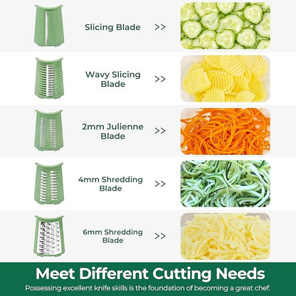SUSTEAS Rotary Cheese Grater with Handle - Vegetable Shredder with 5 Well-designed Blades & Strong Suction Base,Round Mandoline Slicer & Food Chopper for Kitchen,with Blade Storage Box(Retro Green) - Image 3
