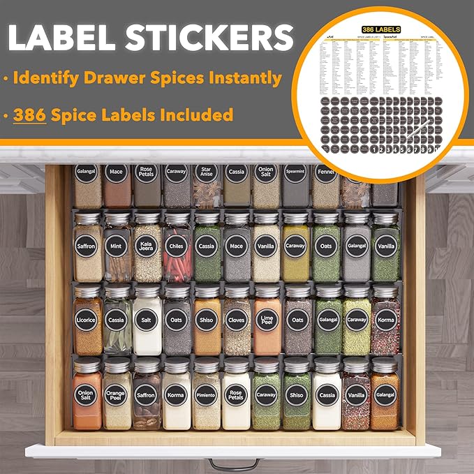 SpaceAid Spice Drawer Organizer with 44 Spice Jars, 386 Spice Labels, 4 Tier Seasoning Rack Tray Insert for Kitchen Drawers, 20.25" Wide x 17.5" Deep - Image 3
