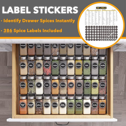 SpaceAid Spice Drawer Organizer with 44 Spice Jars, 386 Spice Labels, 4 Tier Seasoning Rack Tray Insert for Kitchen Drawers, 20.25" Wide x 17.5" Deep - Image 3
