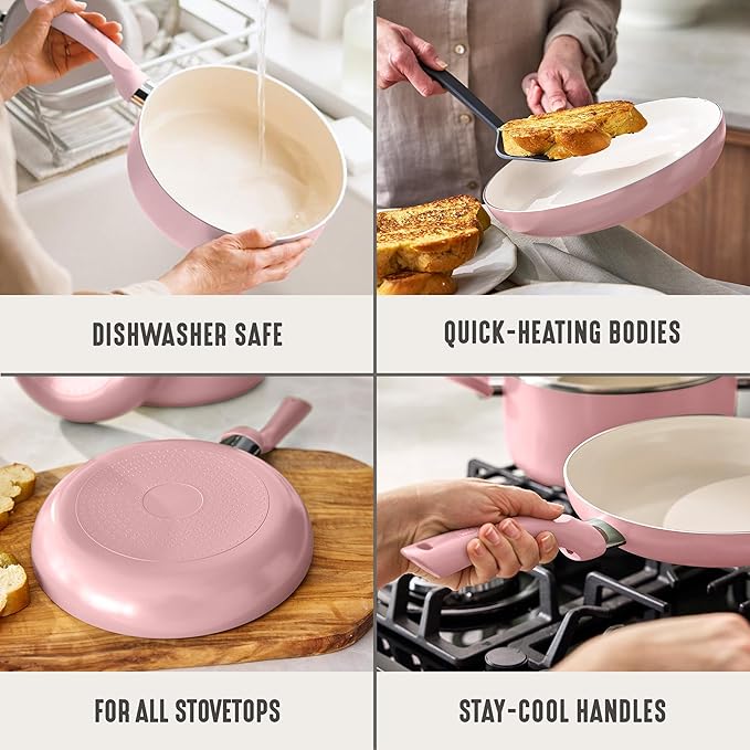 GreenLife 2-Piece Nonstick Frying Pan Set, 8” & 10” Skillets, Non-Toxic Ceramic Cookware, Dishwasher Safe, Stay-Cool Handles, Induction Ready, Fast Heating, Omelet Pan, PFAS Free, Blush Pink