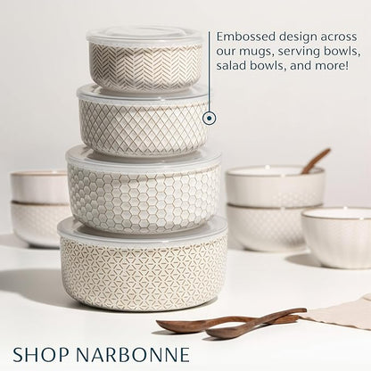 KooK Serving Bowls, with Lids, Ceramic Nesting Bowls, Set of 4, Embossed, Kitchen, Prep, Stackable, Gift, Microwave and Dishwasher Safe, 16/29/47/70 oz, Narbonne Collection (Ivory) - Image 5