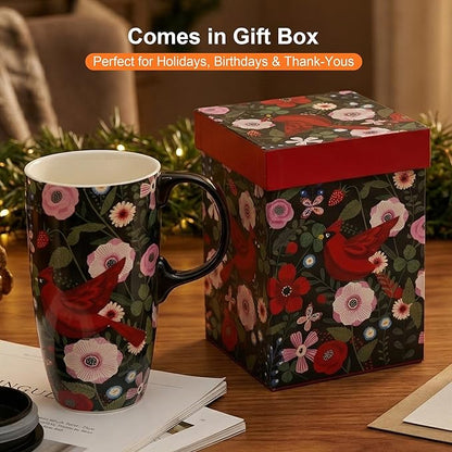Topadorn Ceramic Coffee Mug, Porcelain Latte Travel Cup with Lid and Handle, Large Coffee Mug for Men Women Office Work, Red Cardinal Birds-17oz