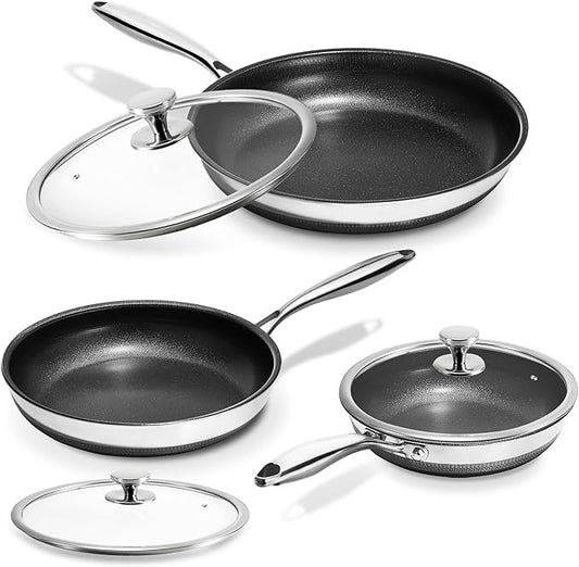 KOKHUB Nonstick Frying Pans with Lids, 8", 10", 12" Titanium Ceramic Tri-Ply Stainless Steel Skillet Set, Non-Toxic, PFAS/PFOA/PTFE Free, Dishwasher & Oven Safe, Induction Compatible