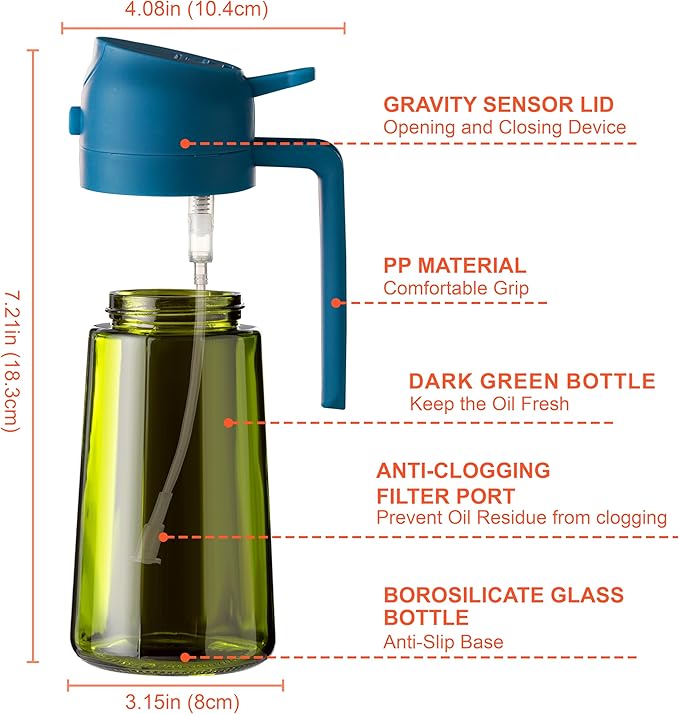 CXINYI - 16oz/470ml Olive Oil Dispenser for Kitchen with Stickers - 2 in 1 Olive Oil Sprayer for Cooking, Air Fryer, and Salad, Blue (Light-Proof Kitchen Gadget) - Image 6