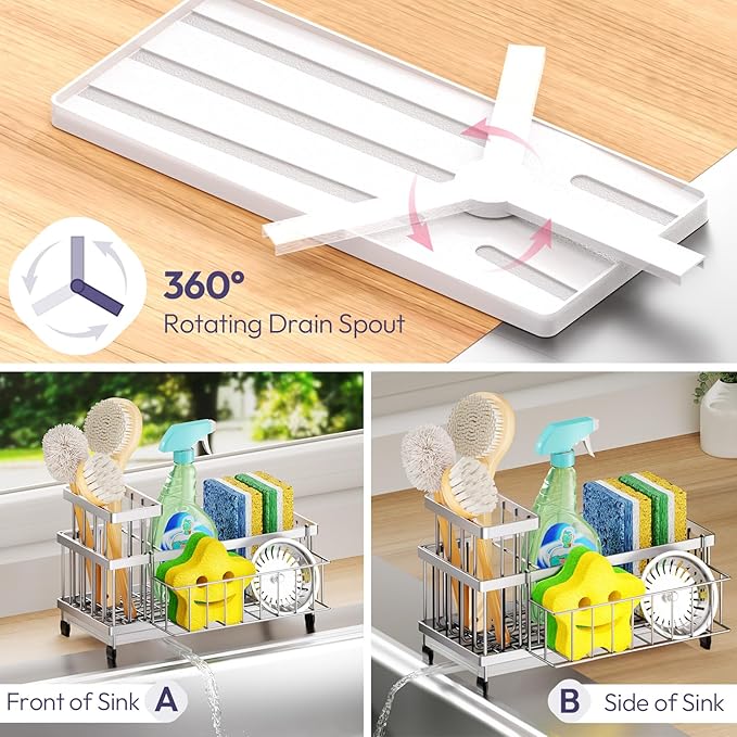 SWTYMIKI Sink Caddy Sponge Holder - Large Sponge Holder for Kitchen Sink with 360°Auto-Drain Tray, Rustproof Stainless Steel Kitchen Organizer Caddy for Countertop Organization - Image 2
