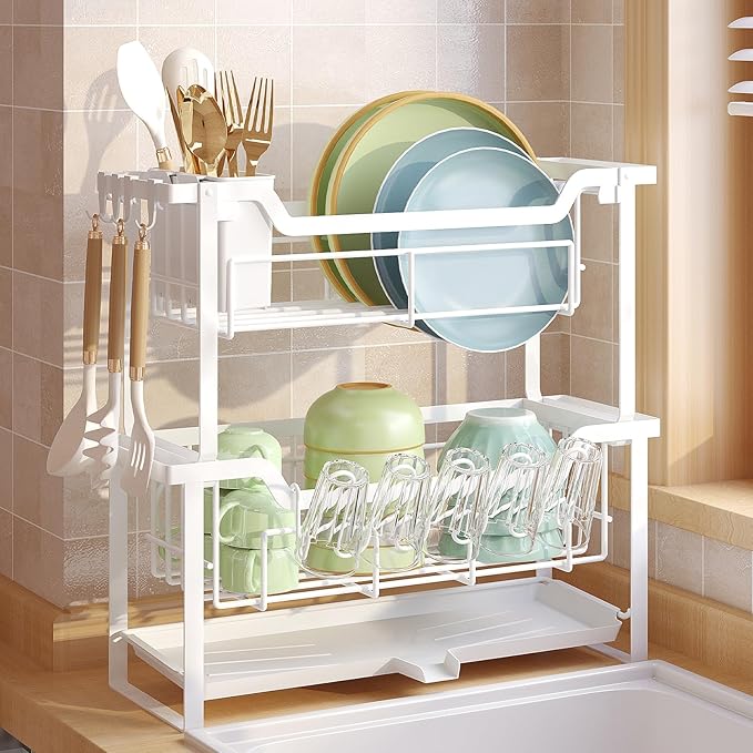 Dish Rack with Drainboard, Organizes Dishes and Bathroom Items for Narrow Spaces, Two-Story Drying Rack Fits 12 Plates 12 Bows 5 Glasses 4 Hooks and Some Cutlery, White by KOSIWU