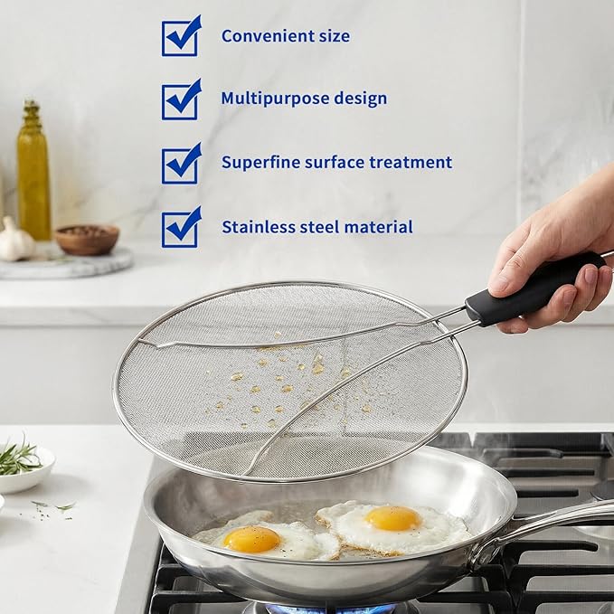 Splatter Screen for Frying Pan - 10’’ Stainless Steel Grease Splatter Guard with Grip Handle- Ultra Fine Mesh Cover Oil Splash when Sizzling Bacon, Cooking Fried Chicken or Popcorn - Image 4