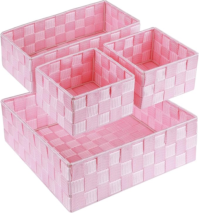 Posprica Woven Storage Baskets for Organizing, Small Baskets Cube Bin Container Tote Organizer Divider for Drawer, Closet, Shelf, Dresser, Set of 4(Pink) by Posprica