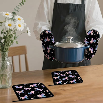 Cute Unicorn Pattern Oven Mitts and Pot Holders Set,Pink Kitchen Decor Heat Resistant Non Slip Hot Pads and Oven Mitt for Chef Cooking Baking BBQ Mom Girl Gifts(4 Piece Set)
