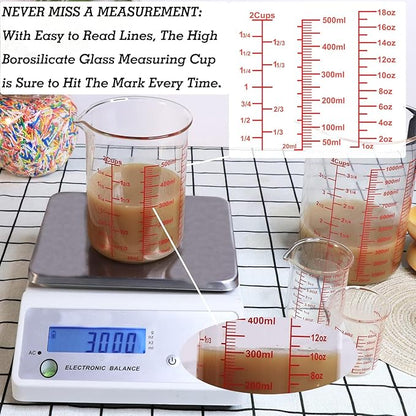 3 Piece Glass Measuring Cup Set, Includes 2-Cup, 4-Cup, and 8-Cup High Borosilicate Glasss Liquid Measuring Cups, Dishwasher, Freezer, Microwave, and Preheated Oven Safe, Essential Kitchen Tools - Image 2