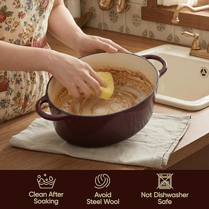 Vintage Style Oval Dutch Oven for Bread Baking, 4.5 Quart Non Stick Enameled Cast Iron Dutch Oven Pot with Lid, Oven Safe Oval Casserole with Lid up to 500°F for Baking, Braising, Stews, Roasting, Fig - Image 7