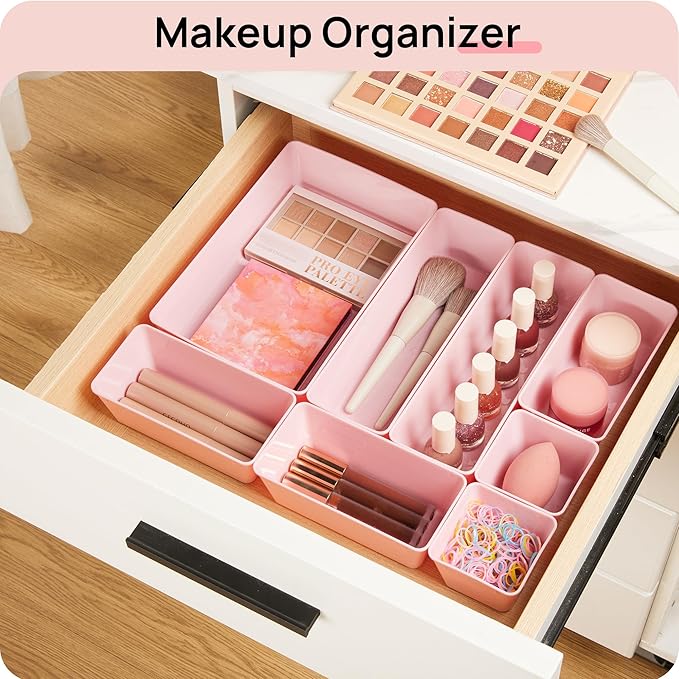 Vtopmart 44 PCS Plastic Drawer Organizers Set, 4-Size Versatile Bathroom and Vanity Organizer Trays, Non-Slip Storage Containers for Makeup, Jewelries, Bedroom，Kitchen Utensils and Office, Pink - Image 4