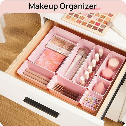 Vtopmart 44 PCS Plastic Drawer Organizers Set, 4-Size Versatile Bathroom and Vanity Organizer Trays, Non-Slip Storage Containers for Makeup, Jewelries, Bedroom，Kitchen Utensils and Office, Pink - Image 4