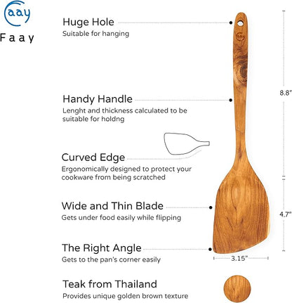 FAAY 13.5" Right-Hand Teak Spatula for Wok - Extra Wide 3.15" Head, Thin Edge Turner for Nonstick Pans, Coconut Oil Finish, Thai Handcrafted Wood - Image 3