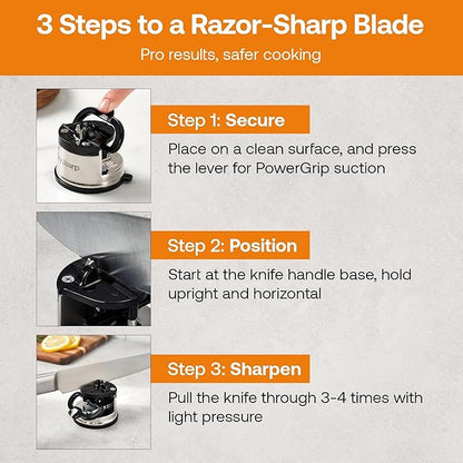 AnySharp – GLOBAL – Hands Free Knife Sharpener - Easy to Use Sharpening Tool with PowerGrip Suction Base and 20-Degree Pre-set Angle - For All Knives: Chef’s, Serrated, and Hardened Steel - Silver - Image 11