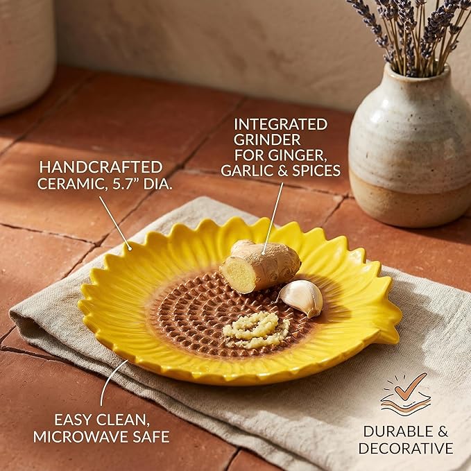 Sunflower-Shaped 2pcs Ceramic Grater Plate & Spoon Rest for Stove Top, 2-in-1 Ginger Garlic Grater with Spoon Holder, Multifunctional Kitchen Utensil Rest & Grater Dish, Farmhouse Kitchen Decor