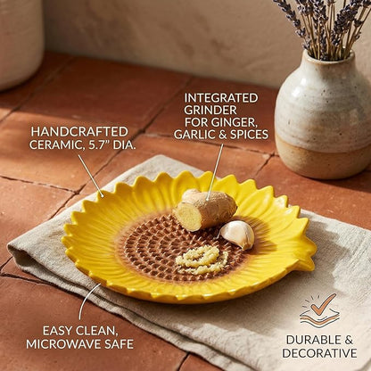 Sunflower-Shaped 2pcs Ceramic Grater Plate & Spoon Rest for Stove Top, 2-in-1 Ginger Garlic Grater with Spoon Holder, Multifunctional Kitchen Utensil Rest & Grater Dish, Farmhouse Kitchen Decor