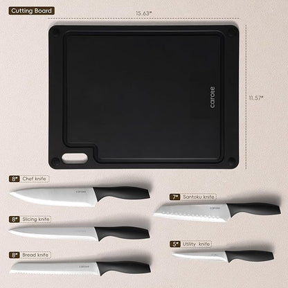 CAROTE Knife Set, 11 Pcs Kitchen Knives with 5 Blade Guards & Non-Slip Cutting Board, Rustproof Stainless Steel 5 Kitchen Knife Set, Plain Black - Image 2