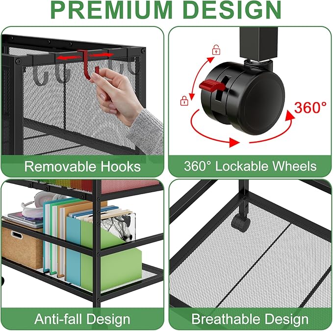Rolling File Cart for Letter Size, Metal Hanging File Organizer with Storage Shelf, 2-Tier Mobile File Cabinet with 360° Wheels & Hooks, Under Desk Filing Cabinets for Home Office, Black