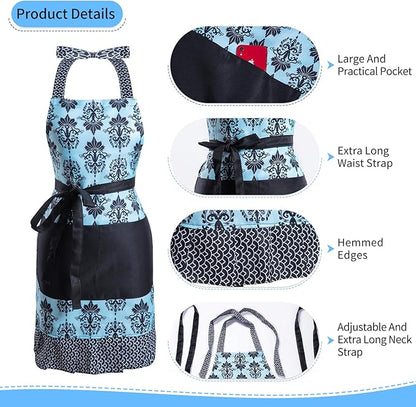 Lovely Flower Pattern Retro Aprons With Large Pockets for Women Girls Cooking Kitchen Bakery Mother's Gift