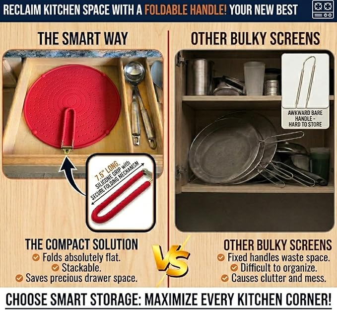 Silicone Splatter Screen for Frying Pan, 13” Red – Grease & Oil Splatter Guard, Heat Resistant, Dishwasher Safe, Foldable Handle with Sleeves – Splash Guard Fits 10–12” Pans, Most 13” Skillets - Image 3
