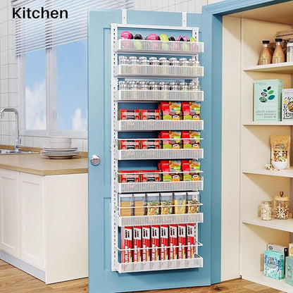 SNTD 8 Tiers Over the Door Organizer - Height Adjustable Pantry Organizers and Storage with Dense Mesh Baskets, Anti-Swing Hanging Door Spice Rack for Kitchen Bathroom (White, 17" W x 6" D x 69" H) - Image 8