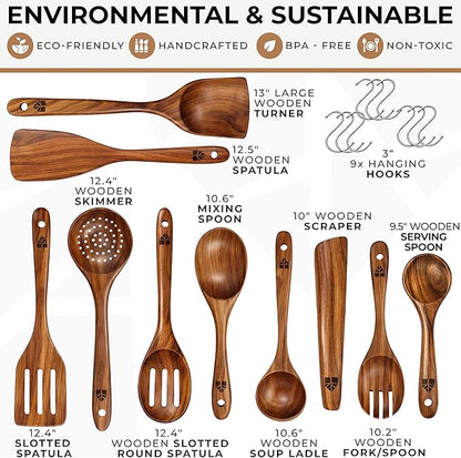 Wooden Spoons for Cooking – 10 Pcs Premium Teak Wooden Utensil Set with Hooks - Durable, Nonstick Safe, Easy to Clean & Heat Resistant with Ergonomic Handles - Image 3