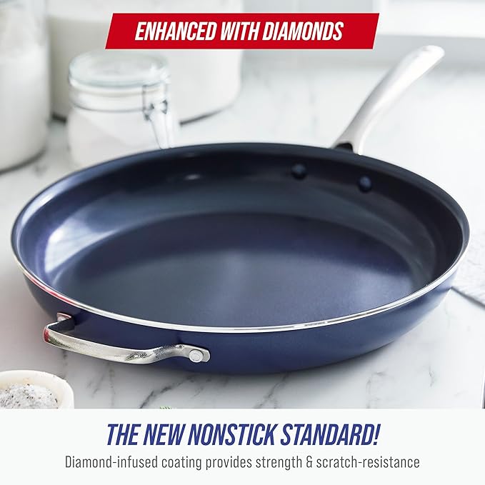 Blue Diamond Ceramic Nonstick 14" Frying Pan Skillet, PFAS-Free Cookware, Jumbo Cooker with Helper Handle, For Large & Family Sized Meals, Dishwasher & Oven Safe, Blue - Image 2
