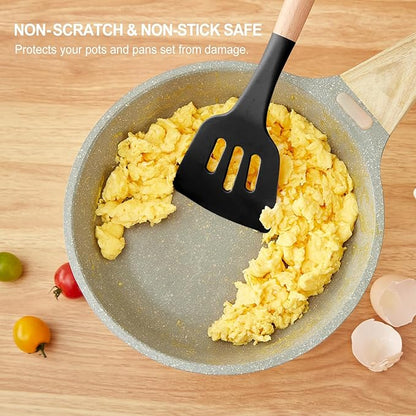 Kitchen Utensils Set - 34 PCS Non-Stick Silicone Cooking Utensils Set Spatula Set with Holder, Wooden Handle Spoon,Brush,Whisk Kitchen Gadgets Tools Set for Nonstick Cookware (Black-34P) - Image 3