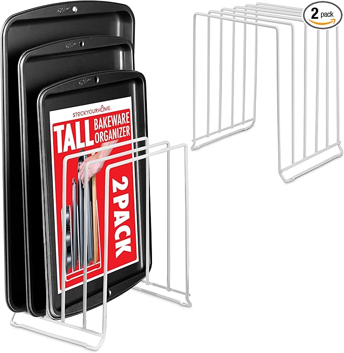 Stock Your Home White (2 Pack) Extra Tall Steel Baking Pan Organizer Rack for Cabinet Storage or Kitchen Counter, Cookie Baking Sheet Organizer with Dividers, Muffin Tin and Cutting Board Holder by StockYourHome