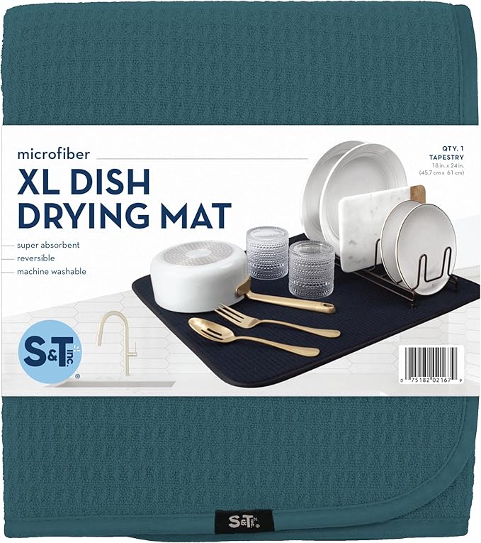 S&T INC. Dish Drying Mat XL, 18” x 24”, Absorbent Microfiber Kitchen Counter Mat, Dish Drying Pad for Dishes, Utensils, Pots and Pans, Extra Large, Tapestry Blue - Image 8