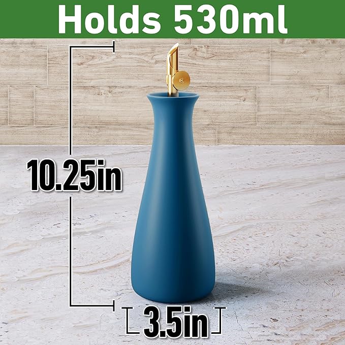 Ceramic Olive Oil Dispenser with Self-Closing Gold Spout - 530 ML Capacity Matte Blue Ceramic Oil Dispenser for Kitchen - Leak Proof EVOO Dispensing Bottle - Stylish, Ergonomic, Durable, Easy Pour - Image 6
