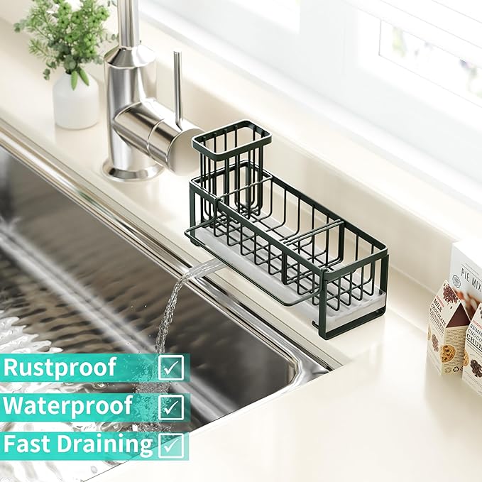 HapiRm Sponge Holder for Kitchen Sink - Self-draining Sink Caddy with Brush and Dishcloth Holders, Stainless Steel Kitchen Organizer for Countertop - Green - Image 5