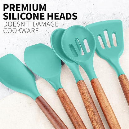 Zulay Kitchen Non-Stick Cooking Utensils Set with Authentic Acacia Wood Handles – 5-Piece Durable & Stylish Silicone Kitchen Utensils Set – Heat Resistant to 464°F – Mint - Image 9
