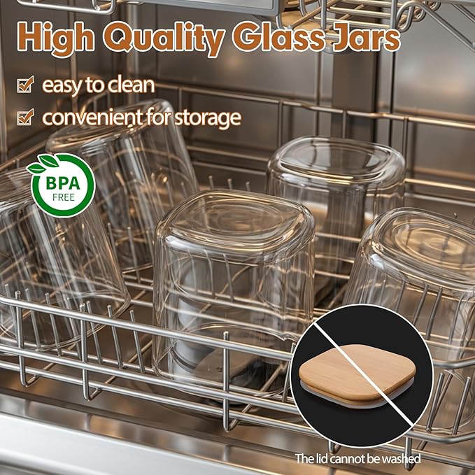 Moretoes 6 Pack 0.6qt Square Glass Storage Containers with Bamboo Press Lids, Airtight Food Storage Jars for Pantry, Spices, Dry Goods