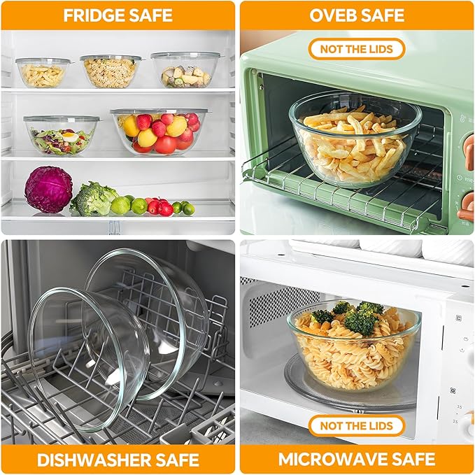 Glass Mixing Bowls with Lids Set of 5(4.78QT,2.2QT,1.7QT,1.1QT,0.85QT),Thick Glass Nesting Bowls for Kitchen Baking,Cooking Prep,Storage,Serving,Large Salad Bowls,Dishwasher Microwave Freezer Safe - Image 4