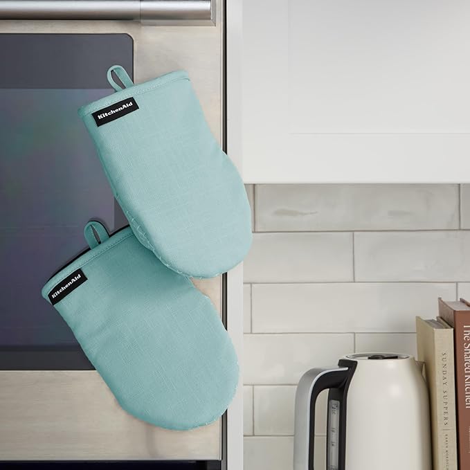 KITCHENAID Gourmet Series Gridlines Mini Oven Mitts 2-Pack Set, Heat Resistant up to 600°F, Soft Silicone Grip, Magnetic Cuff, Mineral Water Aqua, 5.5"x9" - Image 5