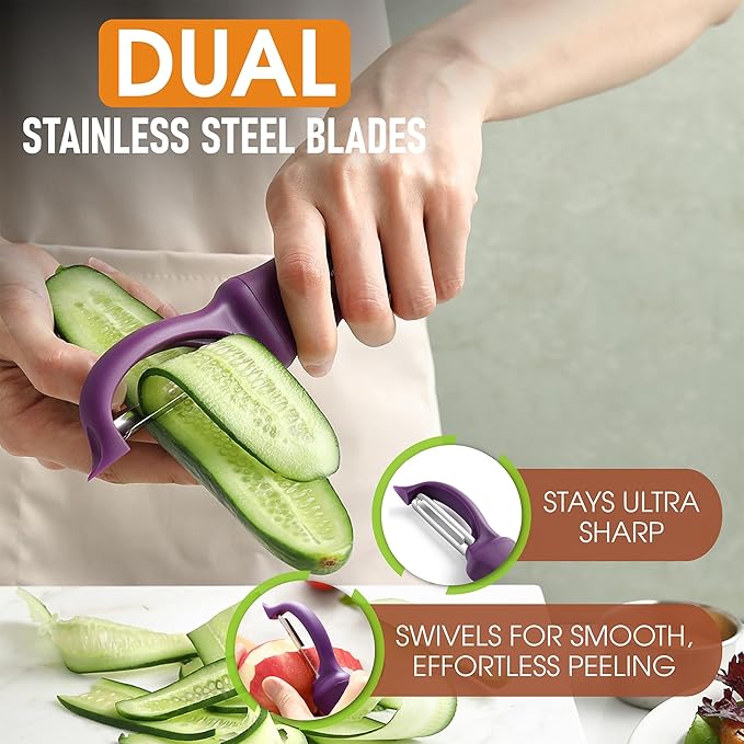 Spring Chef Professional Purple Swivel Potato Peelers for Kitchen, Stainless Steel Veggie Peeler with Soft Grip Handle, Dishwasher Safe, Grate for Peeling Apple, Fruit, Carrot, Cucumber, Purple - Image 2