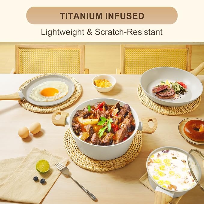 EWFEN 25 Pcs Pots and Pans Set, Nonstick Ceramic Cookware Sets, Healthy Non-Toxic, Large Capacity, Induction Compatible, Cooking Set with Frying Pans & Saucepans, PFAS/PTFE/PFOA Free, Cream White - Image 7